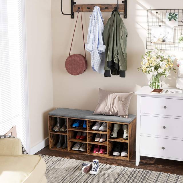 Entryway 10 Pair Shoe Storage Bench - Rustic Brown (10)