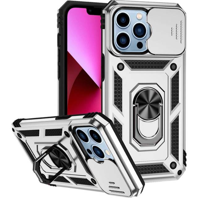 Case for iphone 14 pro silver armoured with ring holder stand camera shutter