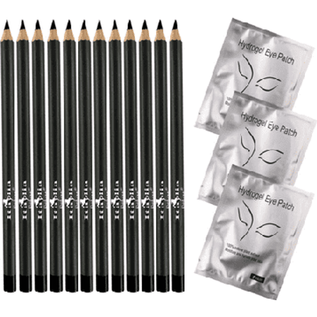 Italia Deluxe 12 pcs Eyeliner Pencil  Ultra Fine  Creamy  High-pigmented  Long-lasting + 3 pair Hydrogel Eye Patch for Lash Extensions (Blac