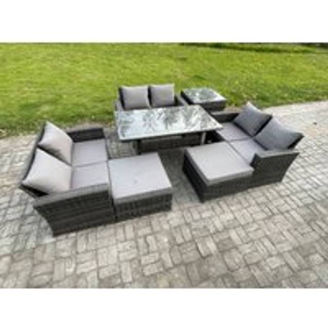 8 Seater Wicker PE Rattan Garden Furniture Sets Outdoor Lounge Sofa Set with Oblong Dining Table 2 Big Footstool - Dark Grey - One Size