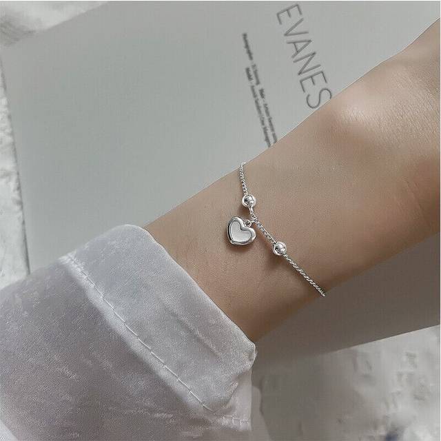 (Love Heart) 925 Sterling Silver Ladies Round Beaded Feather Bracelet Angel Bangle Jewellery