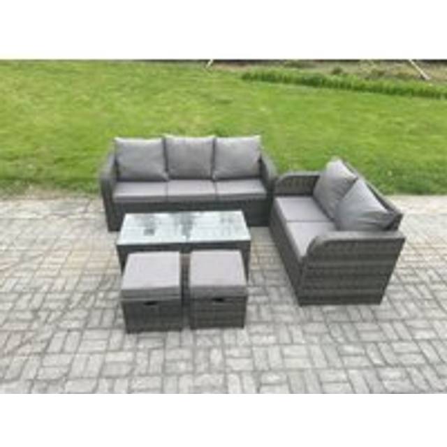 Fimous 7 Seater Outdoor Rattan Garden Furniture Set with Patio Lounge Sofa Set with Rectangular Coffee Table 2 Small Footstools Dark Grey Mixed