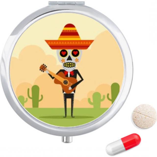 Hat Skull Guitar Happy Illustration Pill Case Pocket Medicine Storage Box Container Dispenser