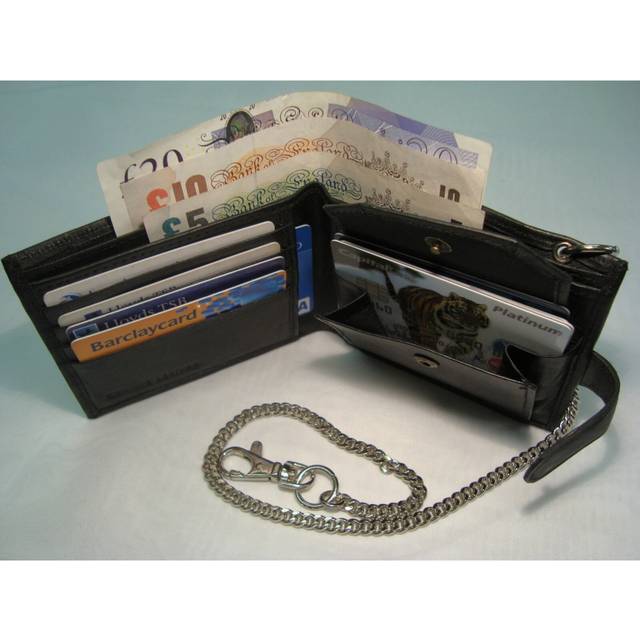 Men's Gents Coin, Note and Card Wallet with Safety Chain Real Soft Leather