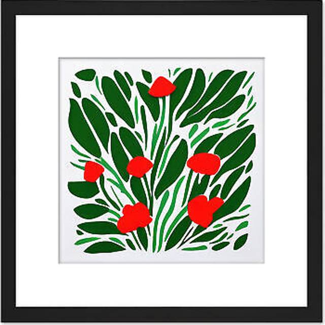 Abstract Red Flowers Flamingo Floral Bouquet Square Wooden Framed Wall Art Print Picture 8X8 Inch - Black - One Size