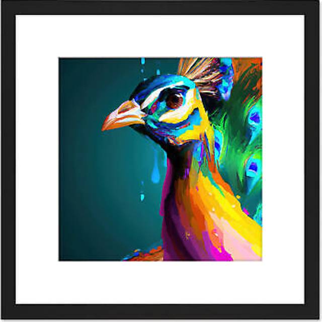 Peacock Bird Vibrant Bright Modern Contemporary Watercolour Painting Multicoloured Square Wooden Framed Wall Art Print Picture 8X8 Inch - Black - One - One Size