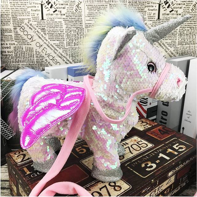 (Sequins-white) Electric Walking and singing Unicorn Plush Toy Stuffed Animal Pegasus Pony Toys 35cm