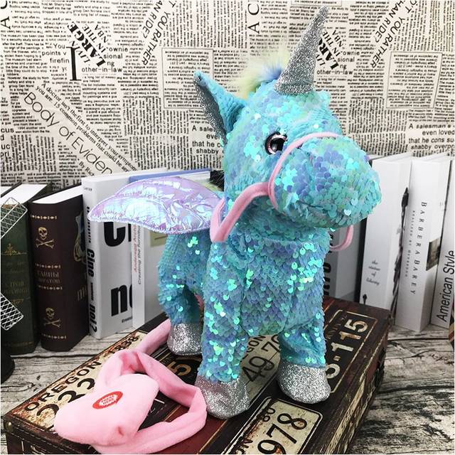 (Sequins-blue) Electric Walking and singing Unicorn Plush Toy Stuffed Animal Pegasus Pony Toys 35cm