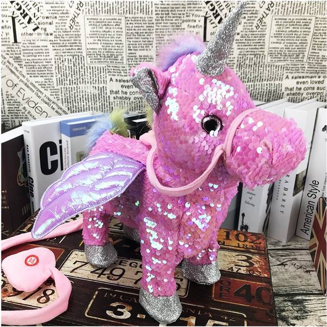 (Sequins-pink) Electric Walking and singing Unicorn Plush Toy Stuffed Animal Pegasus Pony Toys 35cm