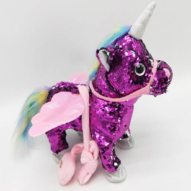 (Sequins-purple) Electric Walking and singing Unicorn Plush Toy Stuffed Animal Pegasus Pony Toys 35cm