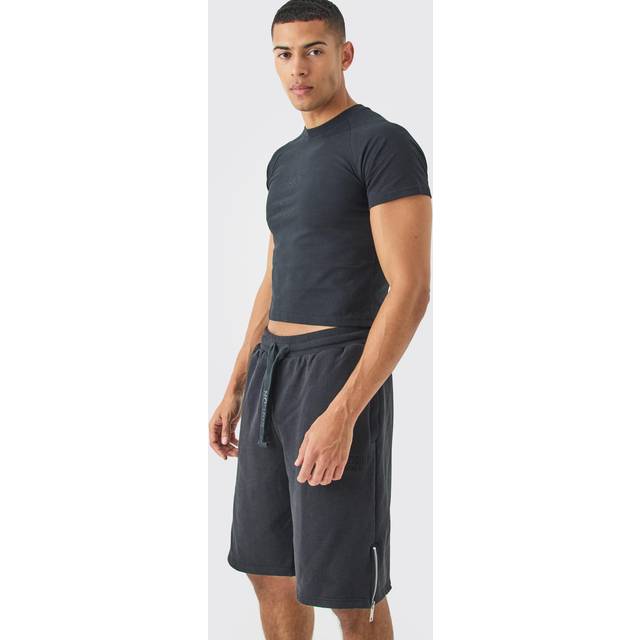 Oversized Heavyweight Zip Hem Shorts & T-shirt Set - Black - L