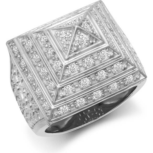 (S) Jewelco London Men&#39;s Rhodium Plated Sterling Silver White Round Brilliant Cubic Zirconia Egyptian Pyramid 25mm Signet Ring - ARN131C