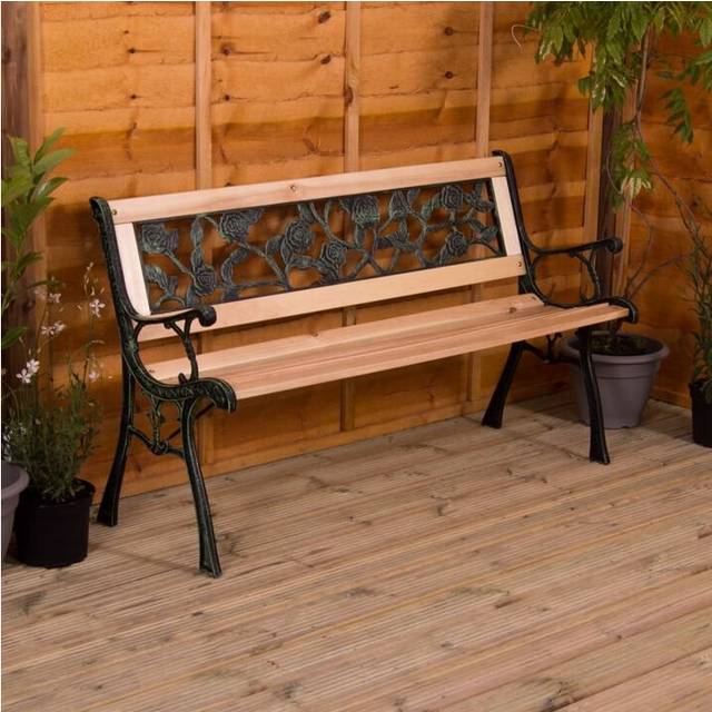 (Rose Style) 3 Seater Garden Bench Wooden Seat Armrests