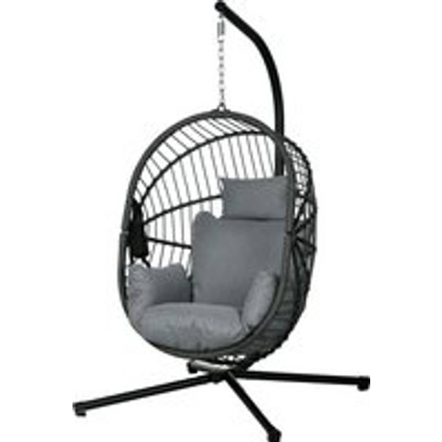 Outsunny Outdoor Swing Chair with Thick Padded Cushion, Patio Hanging Chair with Metal Stand, Foldable Basket, Cup Holder, Rope Structure
