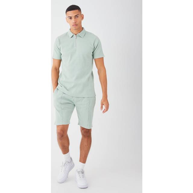 Slim Fit Waffle Polo & Short Set - Green - XS