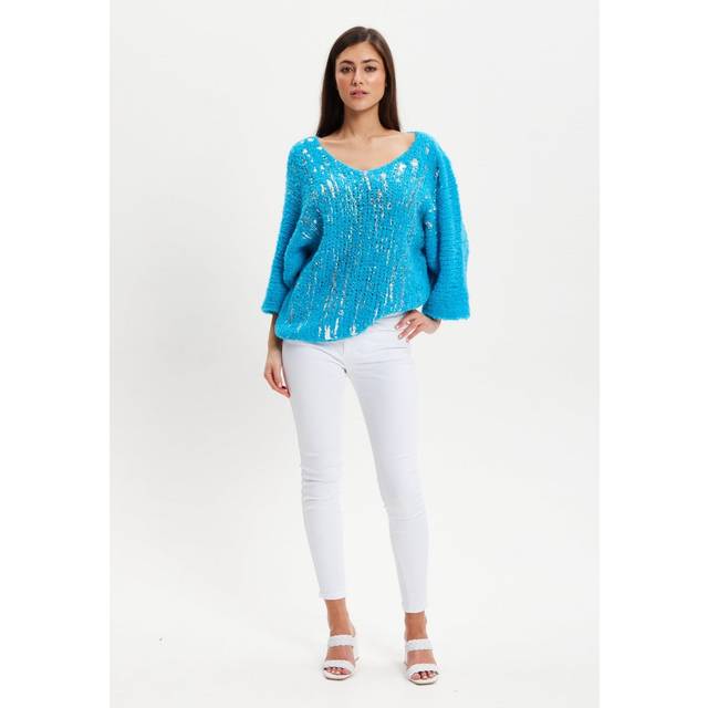 Womens Blue Loose Knit Jumper With Metallic Detail - One Size