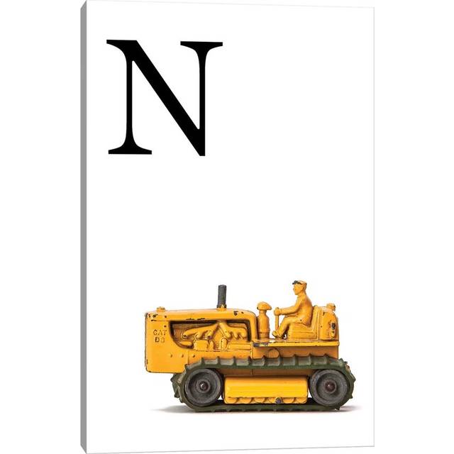 N Bulldozer Yellow White Letter - Graphic Art Print on Canvas - Wrapped Canvas (20.32 cm H x 30.48 cm W)