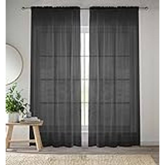 Tyrone Textiles 57x90" Black Sheer Pair of Plain Woven Voile Slot Top Curtain Panels (145x229cm), Black