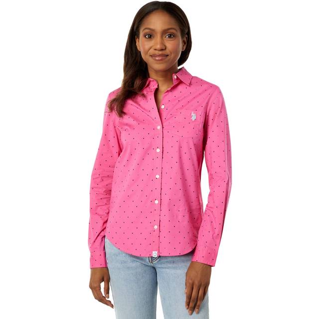 U.S. Polo Assn. Long Sleeve Dot Stretch Poplin Shirt Pink Sangria LG