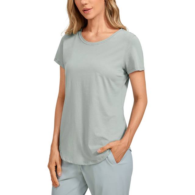 CRZ YOGA Women's Pima Cotton Short Sleeve Workout Shirt Yoga T-Shirt Athletic Tee Top Jade Grey Large