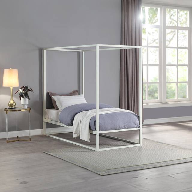 (Single 90 x 190cm, No Mattress) ASHWELL MODERN 4 FOUR POSTER WHITE METAL BED FRAME