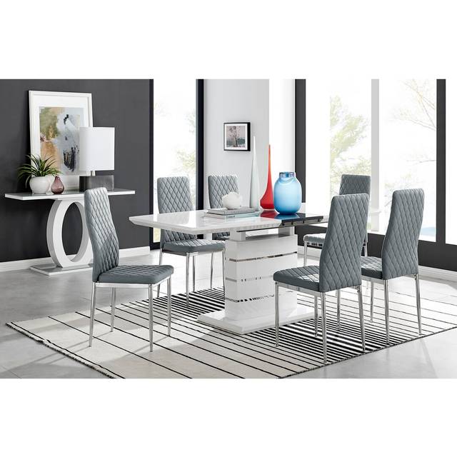 Renne Modern High Gloss Extendable Dining Table Set With 6 Quilted Faux Leather Dining Chairs - Grey