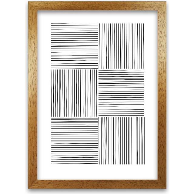 Black and White Squared Lines - Graphic Art Print on Paper - Oak Frame (84cm H x 59cm W x 3cm D)