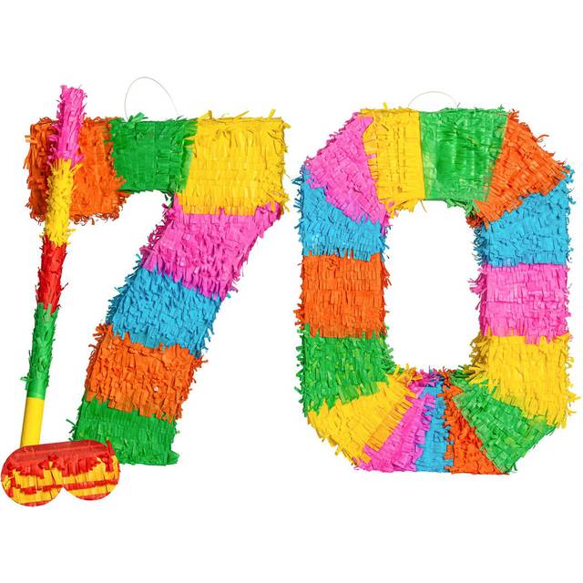 Fax Potato - Pinata Set with Stick & Blindfold - 70th Birthday / Anniversary - Rainbow (50cm H X 35cm W X 7.5cm D)
