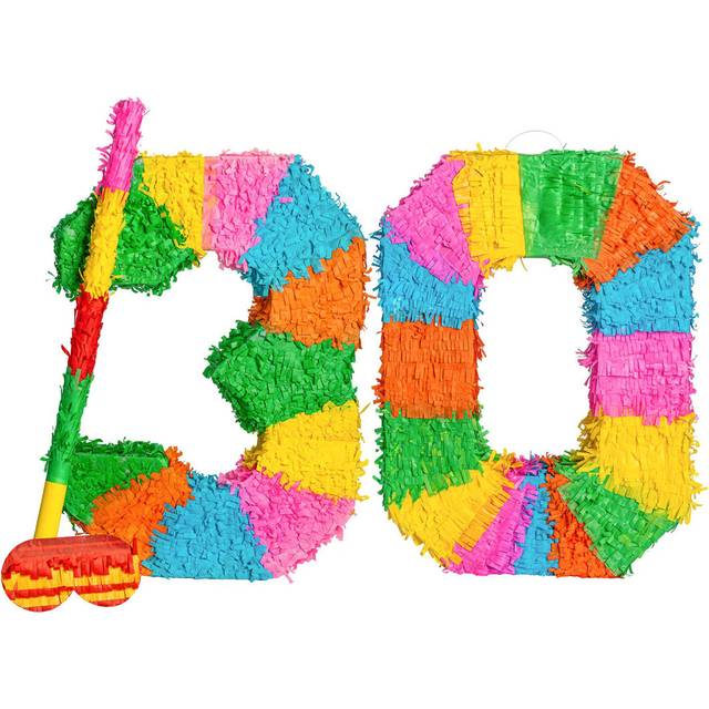 Fax Potato - Pinata Set with Stick & Blindfold - 30th Birthday / Anniversary - Rainbow (50cm H X 35cm W X 7.5cm D)