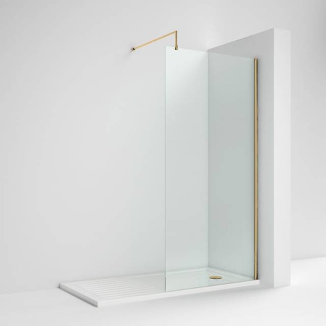 Nuie Wetroom Shower Screen with Support Bar | Brushed Brass | Aluminium/Glass | 760mm x 1850mm