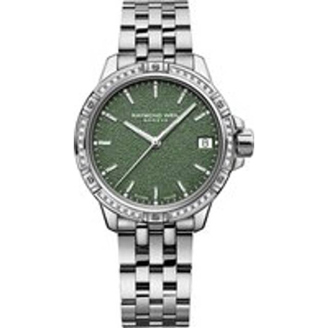 Raymond Weil Women's Tango 30 Frosted Diamonds Date Bracelet Strap Watch, Silver/Green