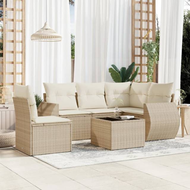 Soffgrupp för trädgården med dynor 6 delar beige konstrotting