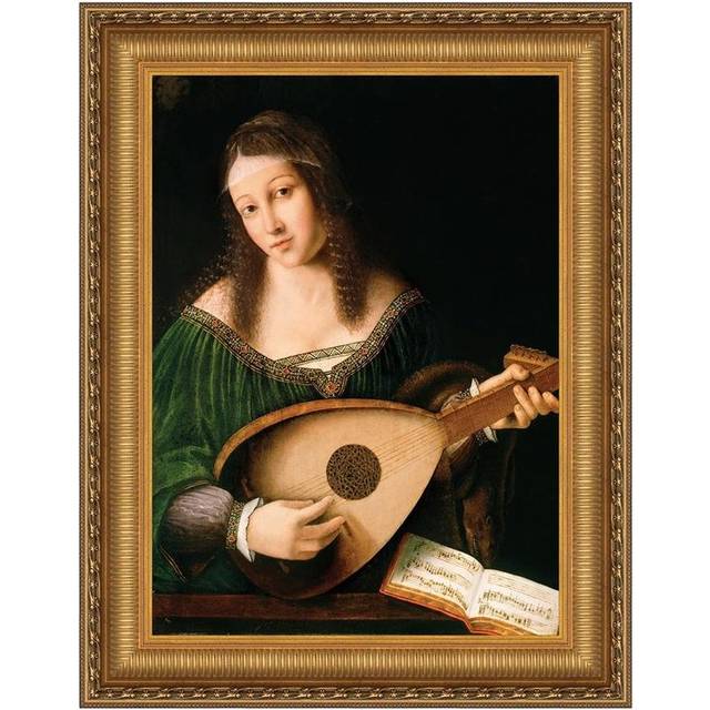 Lady Playing A Lute Framed Canvas Replica Painting: Grande