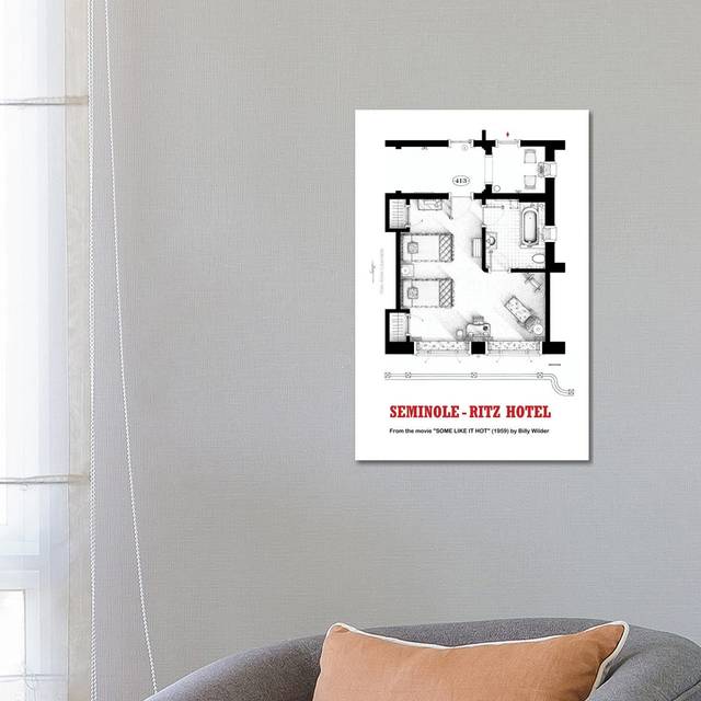 Floorplan of Hotel Room from the Movie Some Like It Hot by TV Floorplans & More - Wrapped Canvas Graphic Art (66.04 cm H x 45.72 cm W x 1.91 cm D)