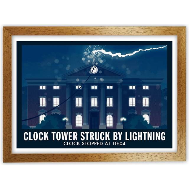 Clock Tower Struck by Lightning by Richard O&#39;Neill - Graphic Art - Brown Framed (24cm H x 34cm W x 3cm D)