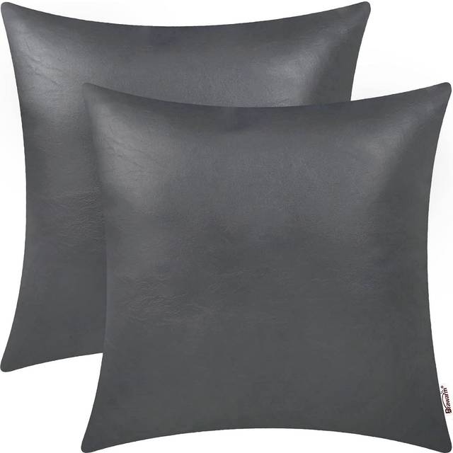 BRAWARM Faux Leather Throw Pillow Covers 18 X 18 Inches - Charcoal Gray Leather Pilow Covers Pack of 2  Solid Dyed Leather Pillowcases for Couch Bed S