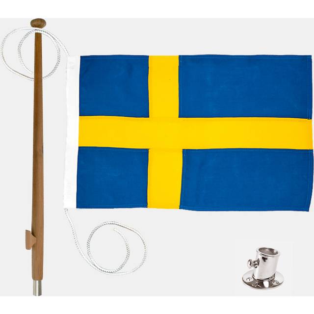 Flaggpaket med båtflagga Adela Royal, Sverige, bomullsliknande polyester (230 g / m²), 90 x 56 cm + flaggstång Ø25 mm, 90 cm i teak + flaggstångsfäste rostfritt stål