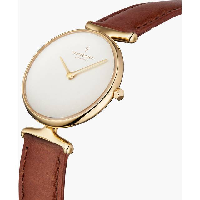 Nordgreen Women's Small Face Classic Dress Watch - Gold Case - White Dial - 32mm Brown Leather Strap