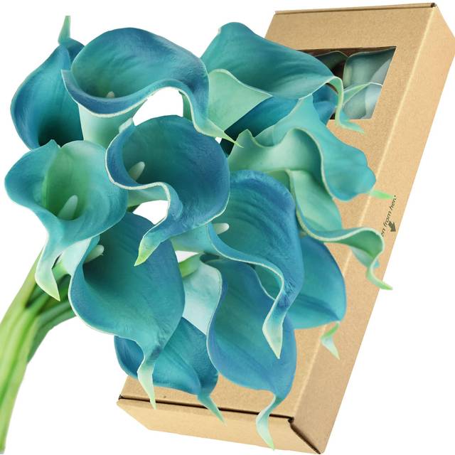 FiveSeasonStuff Real Touch Calla Lily Artificial Flowers Wedding Bridal Bouquet | Floral Arrangements | 15 Calla Lilies (Cerulean Blue)
