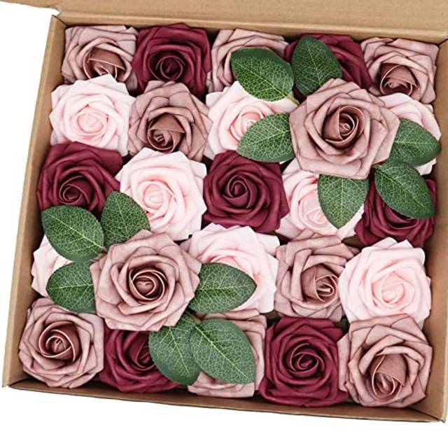 J-Rijzen Artificial Flowers 50PCS Real Looking Blush & Dusty Rose & Burgundy Fake Roses with Stem for DIY Wedding Bouquets Centerpieces Baby Shower Pa