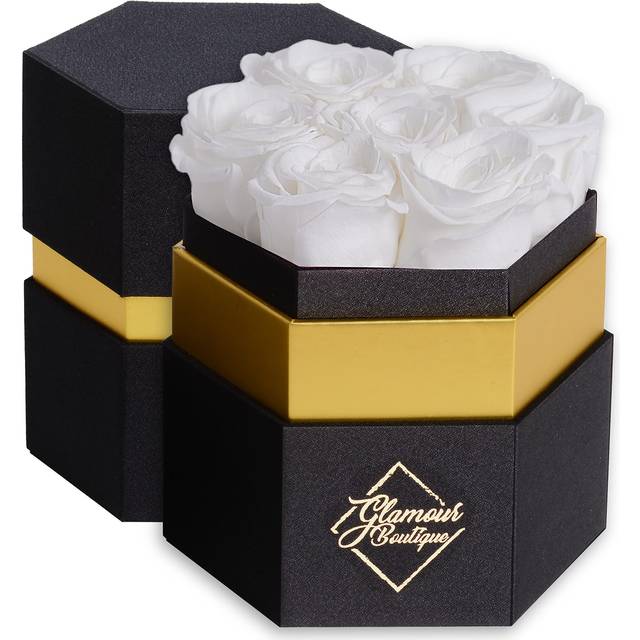 GLAMOUR BOUTIQUE 7-Piece Forever White Rose Box - Preserved Roses in a Box  Immortal Roses in a Box That Last A Year - Eternal Rose Preserve