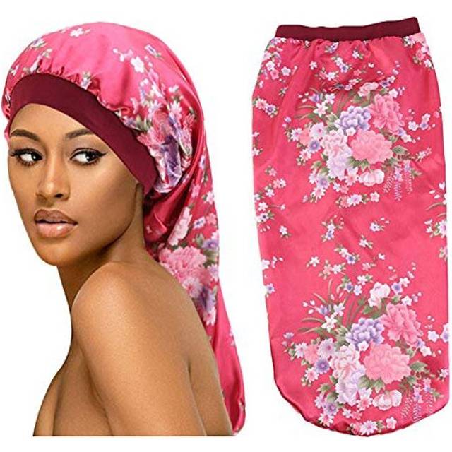 Extra Long Satin Bonnet Sleep Cap Long Bonnet for Braids Hair Loose Cap (Red Flowers)