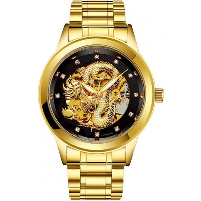 Men High-end Fully Automatic Mechanical Watches Retro Dragon Pattern Business Waterproof Luminous Watch Gold band black surface - Multicoloured