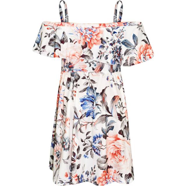 (13 Years, Peach Floral Print) Girls Skater Dress Kids Floral Print Summer Party Off Shoulder Dresses 7-13 Yr