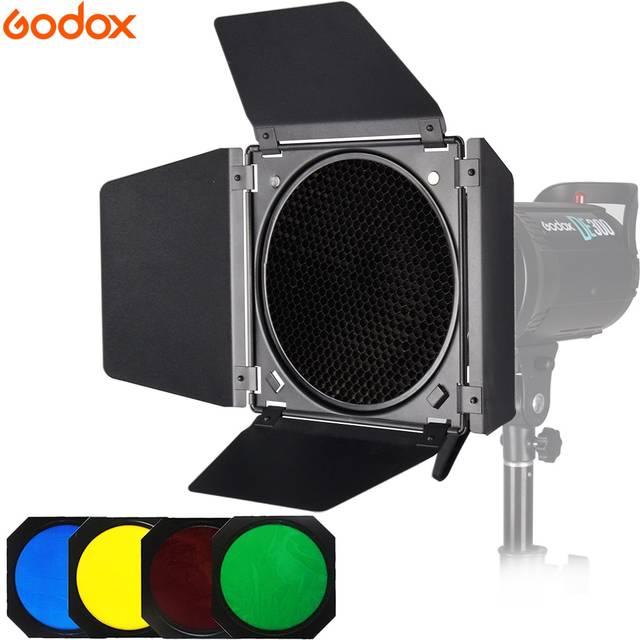 Godox bd -04 ladugårdsdörr + bikakegitter + 4 färgfilter för bowenmontering standardreflektor fotograferingsstudio blixttillbehör