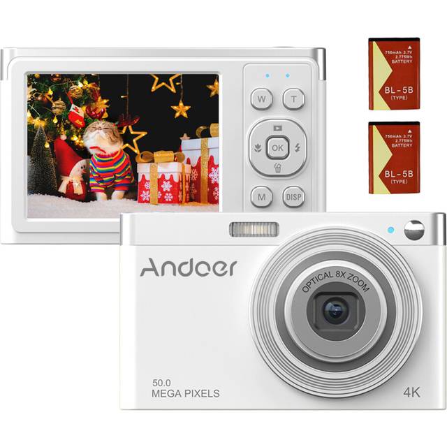 (White) 4K Digital Camera Video Camcorder 48MP 2.4 Inch IPS Screen Auto Focus 16X Digital Zoom Anti-shake Face Detect Smile Capture Built-in Flash & B