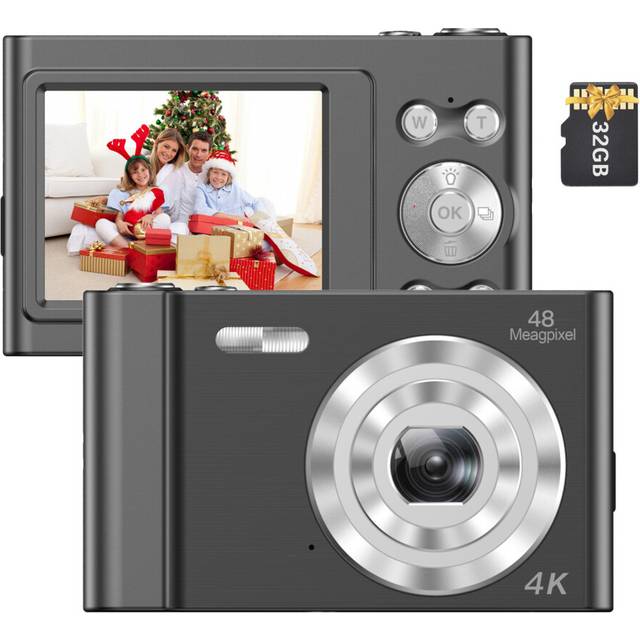 (Black) 4K Digital Camera Video Camcorder 48MP 2.4 Inch IPS Screen Auto Focus 16X Digital Zoom Anti-shake Face Detect Smile Capture Built-in Flash & B