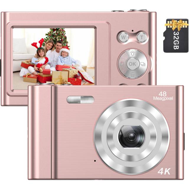 (Pink) 4K Digital Camera Video Camcorder 48MP 2.4 Inch IPS Screen Auto Focus 16X Digital Zoom Anti-shake Face Detect Smile Capture Built-in Flash & Ba