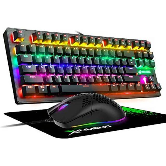 PC Gaming Keyboard, 87-Keys Wired USB Mechanical Gaming Keyboard with Rainbow Backlight and Glow Keys, Programmable 6400 DPI Mouse, Plug & P