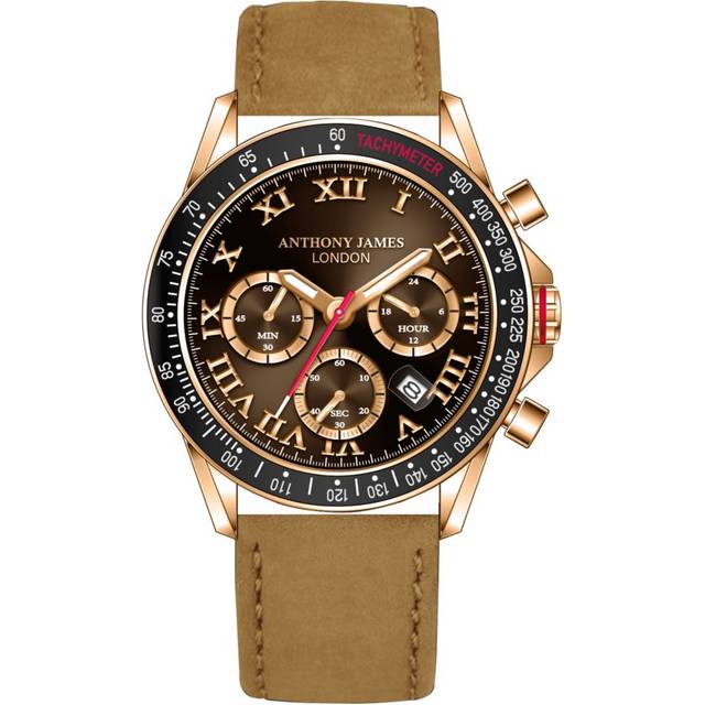 Anthony James Mens Hand Assembled Tachymeter Turbo Gold Brown Leather - One Size